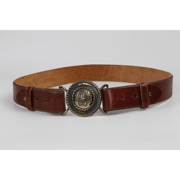 Vintage First Issue Brown Leather Belt Brass Medallion Buckle Size 30 main image 5